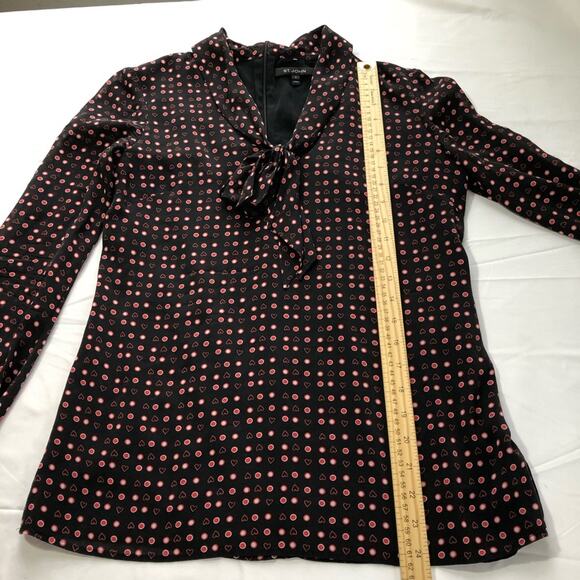 St John womens 2 black silk blouse red hearts print v neck tie bow career luxury - Picture 7 of 13